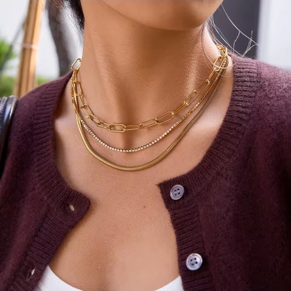 New Layered Gold Plated Chain Necklace Set With Link, Cz, Snake Chains  | NWOT - Picture 4 of 7